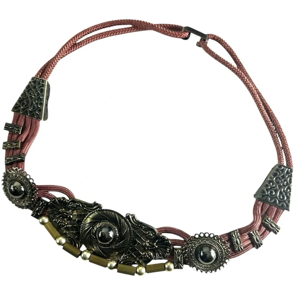 Bronzed Medallion Beaded Salmon Pink Braided Rope Cord Belt Western Boho